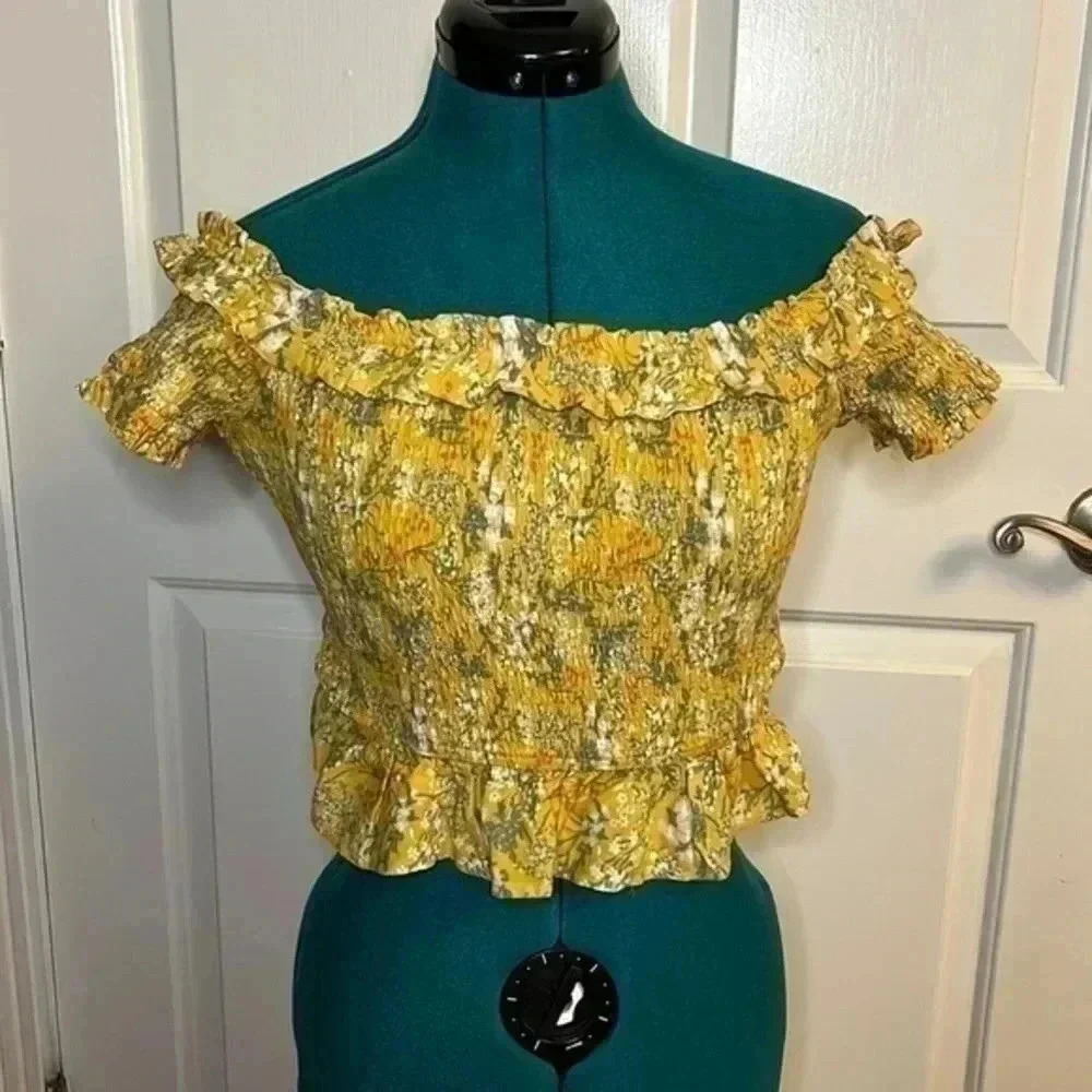 Forever 21 Mustard Yellow Floral Smocked Peplum Top Size M